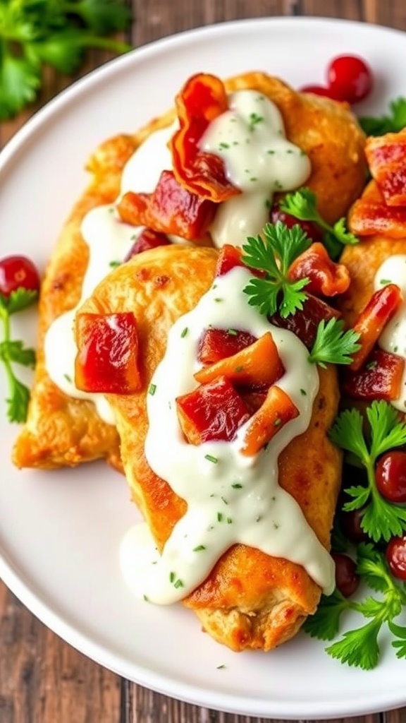 Chicken Bacon Ranch with turkey bacon and ranch dressing on a white plate, garnished with parsley.